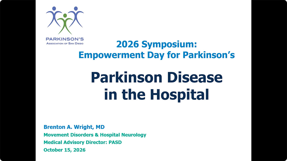 Title slide: Parkinson Disease in the Hospital, Brenton A. Wright, MD